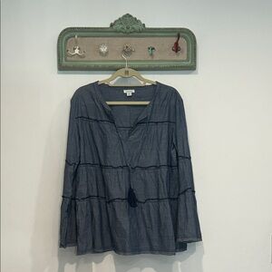 Sundance boho Blue chambrey Tassel Blouse women’s size medium long sleeve